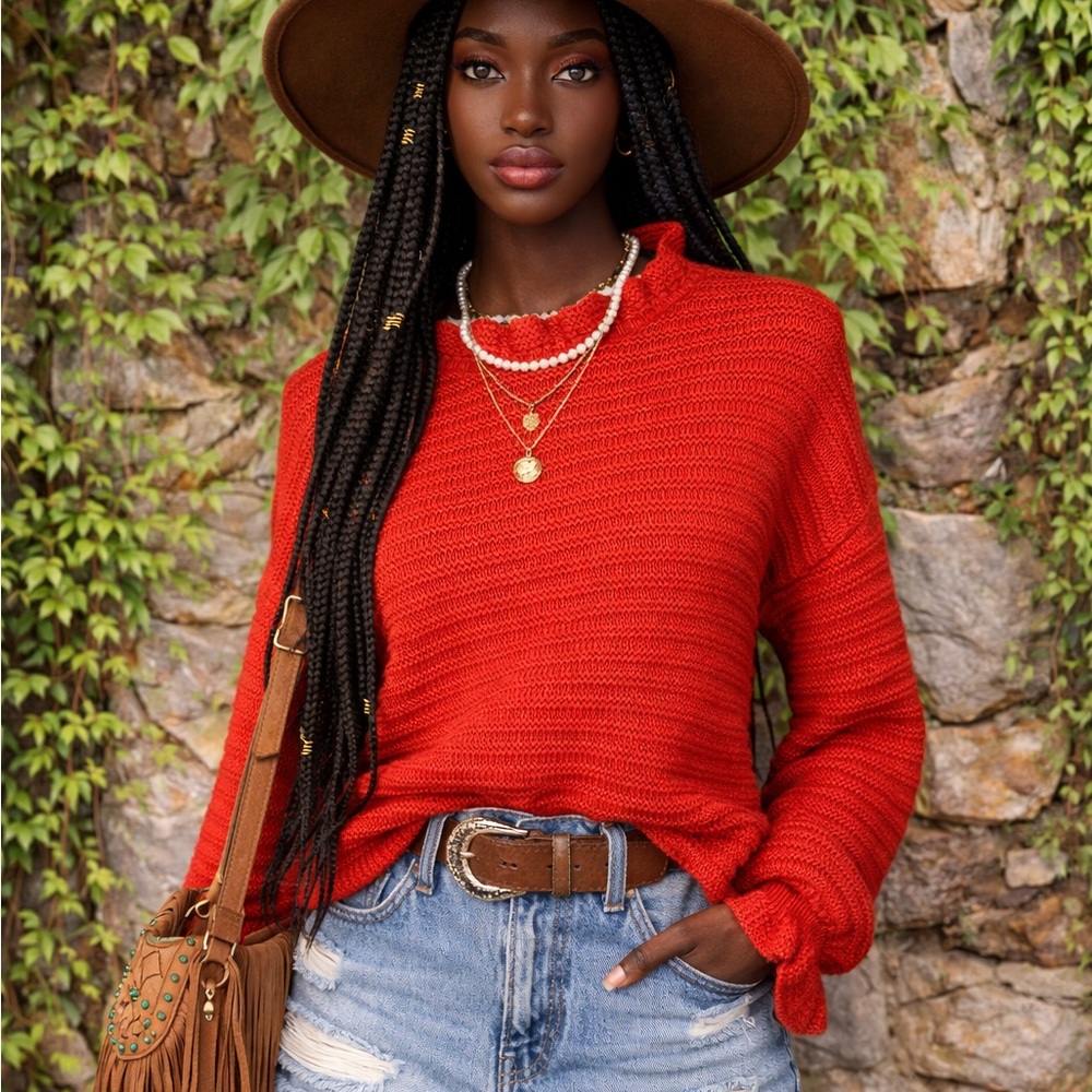 MADEWELL Red Ruffle-Trimmed Rib Knit Sweater, S